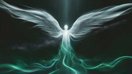 Mystical angel with radiant white wings and swirling green light on a cosmic background.