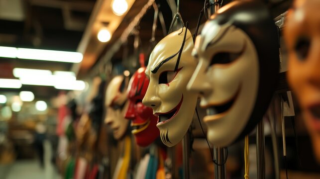 Cultural festival masks artisan market photography indoor setting close-up view celebration of identity and tradition