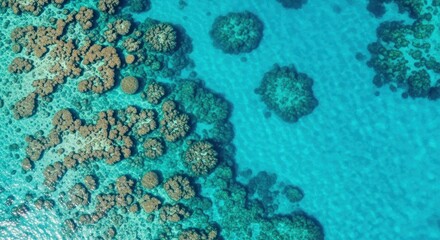 Aerial view of vibrant coral reef teeming with marine life in crystal clear turquoise ocean water.