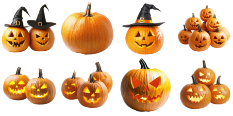 Set of different halloween pumpkins with carved faces isolated on transparent background PNG