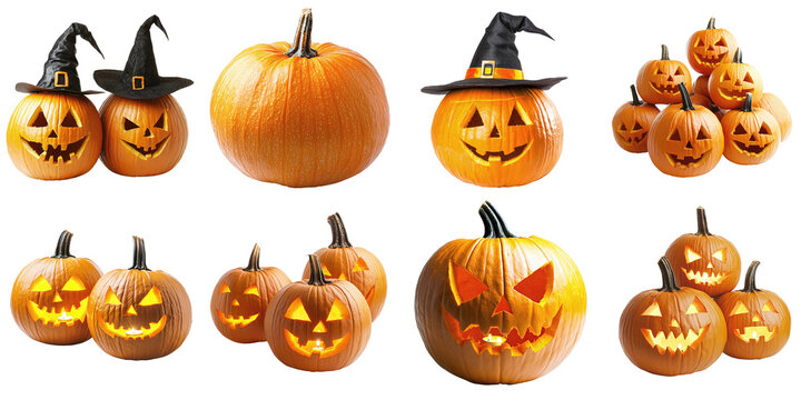 Set of different halloween pumpkins with carved faces isolated on transparent background PNG