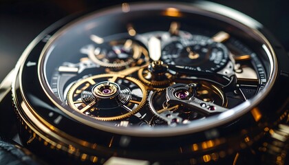 Luxury wristwatch close-up, sharp focus on metallic gears and reflections.