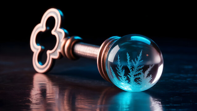 Ornate antique key with a glowing blue crystal ball handle revealing frosty patterns.