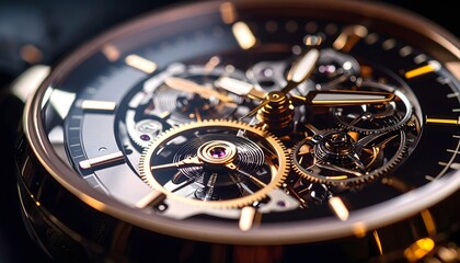 Fototapeta premium Luxury wristwatch close-up, sharp focus on metallic gears and reflections.