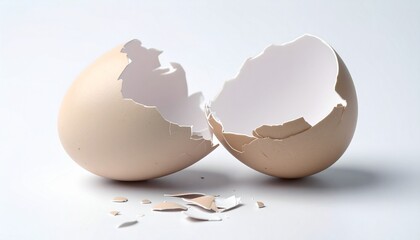 Broken light brown eggshell split into two jagged halves with scattered fragments on a white surface