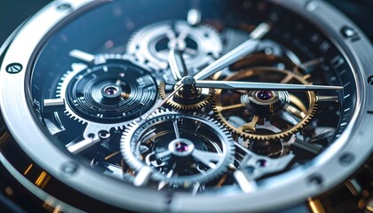 Luxury wristwatch close-up, sharp focus on metallic gears and reflections.