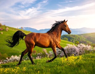 Obraz premium Chestnut Horse Galloping Hillside Spring