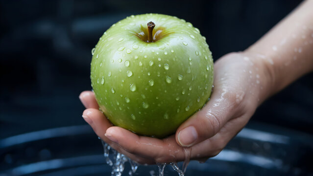 A hand washing a fresh green apple with water droplets, sparkling under a stream. - Powered by Adobe