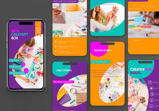 Vector Instagram stories template for kids&rsquo; toys and creative kits. Perfect for promoting art boxes, DIY sets, craft products and educational goods in a colorful children&rsquo;s store.