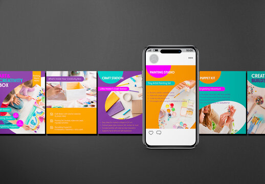 Vector Instagram carousel template for kids' creative products. Ideal for promoting toys, craft kits, art boxes, DIY sets and educational goods in a children&rsquo;s store or brand feed.