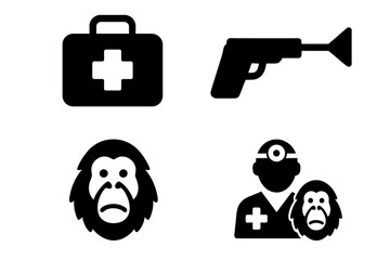 Orangutan rescue icon set. Vet with ape, medical kit, tranquilizer gun. Wildlife conservation, rehabilitation, animal care, and veterinary solid glyph vector symbols illustration.
