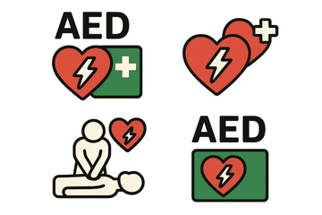 AED icon set. Automated external defibrillator and CPR first aid procedure icons. Emergency cardiac arrest response symbol. Heart with electricity shock. Medical vector illustration.