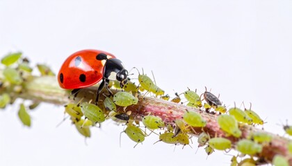 Obraz premium A small, spotted red ladybug, or ladybird, crawls on a vibrant green leaf in the garden