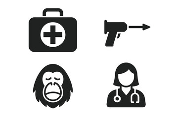 Orangutan rescue icon set. Veterinary care for wildlife conservation. Primate rehabilitation with vet, medical kit, tranquilizer gun. Animal healthcare vector glyph symbols.
