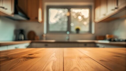 warm wooden kitchen counter with sunlit window background