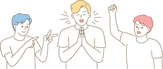 : Three cartoon characters with vibrant hair expressing emotion, fun vector-style group gesture illustration with blue, yellow, and pink highlights