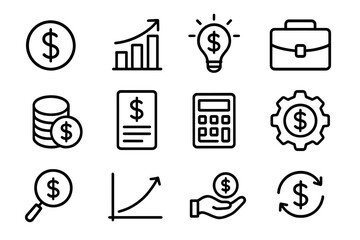 Business and finance line icon set. Simple symbols for money, investment, profit, and growth. Financial analysis, budget, currency exchange, and economic insights vector icons.