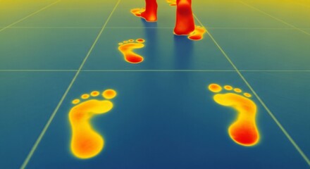 Thermal image showing a person's feet and footprints on a warm floor. Underfloor heating system for comfortable temperature.