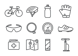 Cycling Gear Icons. Outline icon set of group cycling outdoors: bicycle, helmet, water bottle, gloves,