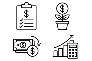 Business and finance line icon set. Vector outline icons for budget, investment, money management, savings, cash flow, financial growth, profit calculation, report, analysis.