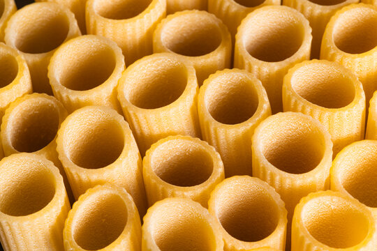 Closeup of beauitful handmade rigatone pasta 