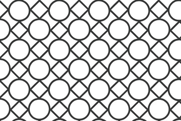 Fototapeta premium Seamless geometric vector pattern with circles and rhombuses. Abstract monochrome background. Linear grid texture for modern design, wallpaper, textile, or wrapping paper.