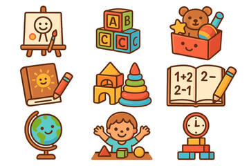 Cute cartoon icons set for kindergarten and preschool education. Early childhood development, learning through play concept. Vector illustration of toys and school supplies.