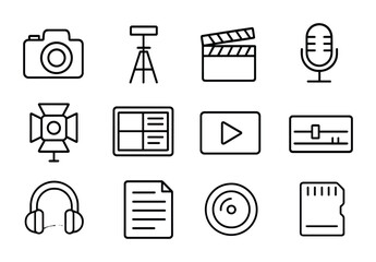 Video Production Icons. Outline icon set of video production: camera, tripod, clapperboard, microphone, light,