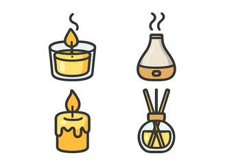 Aromatherapy icons for wellness and relaxation. Home fragrance collection with candle, aroma diffuser, essential oil reed sticks. Vector cartoon illustration for spa and comfort.
