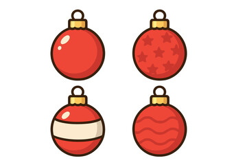Christmas ball icon set. Red Christmas bauble collection. New Year toy decoration. Vector cartoon illustration. Holiday ornament graphic element with stars, stripes and waves.