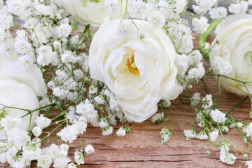 Floral background with ranunculus flowers and white gypsophila paniculata.