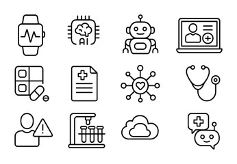 Smart Health Icon Set. Outline icon set of smart health monitoring: wearable ECG, AI analysis, robotic