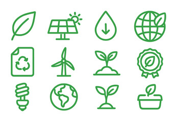 Eco-Friendly Icon Set. Outline icon set of green marketing elements: leaf, solar panel, water conservation,