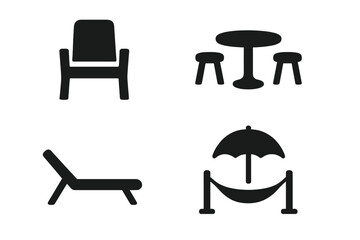 Outdoor furniture glyph icon set for garden and patio. Vector silhouette graphic collection of recreation equipment: chair, table, stools, sun lounger, deckchair, hammock.