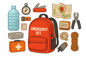 Survival gear and emergency kit essentials. Bug out bag for disaster preparedness. Vector illustration of tools for outdoor safety, hiking, camping. First aid concept set.