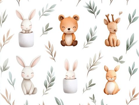 Cute family baby raccon deer and bunny. animal nurser. Two charming kin infant raccoon cervine hare. fauna caregiver childhood wildlife tender loving infancy domesticate nurture