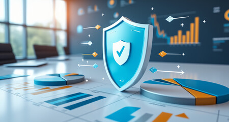 A digital shield and vibrant bar chart stand on a futuristic circuit board with financial stock graphs displayed on monitors in the background.