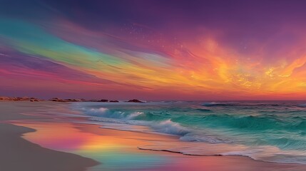 Obraz premium Colorful Dreamy Beach Sunset: Gradient Sky & Wave Reflections