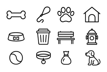 Dog Park Icons. Outline icon set of dog-friendly parks: dog bone, leash, paw print, dog house, water bowl,