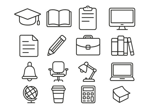 Education and office linear icons set. School, university and business supplies. Student and work essentials collection. Outline style vector symbols. Back to school concept.