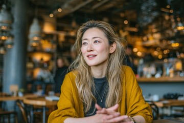 Fototapeta premium a asian middle-aged woman with long blond hair talking passionately during an interview or conversation. A woman is sitting at a table in a cafe. 