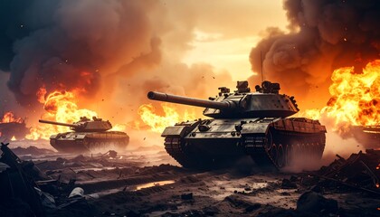Fototapeta premium War Tanks in Fiery Battlefield Scene of Combat.