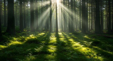 Obraz premium Sunlit forest scene sunlight streaming through tall trees in a lush green environment