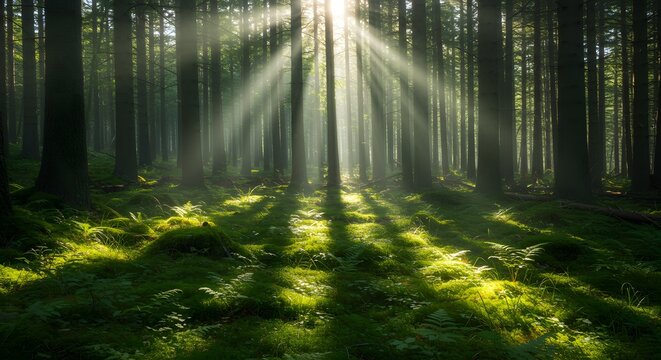 Sunlit forest scene sunlight streaming through tall trees in a lush green environment