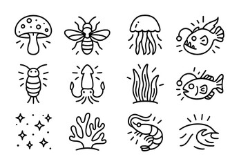 Obraz premium Bioluminescent Nature Icons. Outline icon set of bioluminescence in nature: glowing mushroom, firefly,