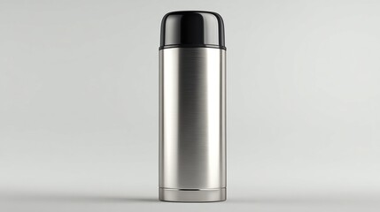 Silver thermos with black lid standing on a white surface against a white background