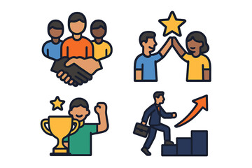 Icons representing teamwork, achievement, and progress. Diverse symbols showing collaboration, success, partnership, high five, career growth, and winning a trophy vector set.