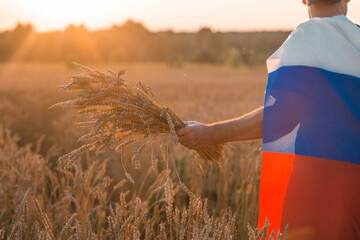 Patriotism.A man with a Russian flag in a wheat field at sunset.A man holding golden wheat stalks...