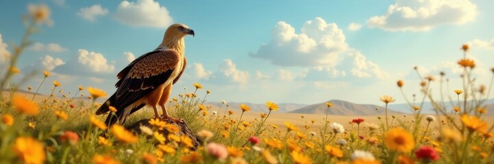 Fototapeta premium Egyptian vulture perched, wildflowers surround, sunlit meadow , wild, majestic, Africa