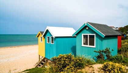 Vibrant beach huts along a sandy shore, showcasing a quintessential seaside scene of relaxation